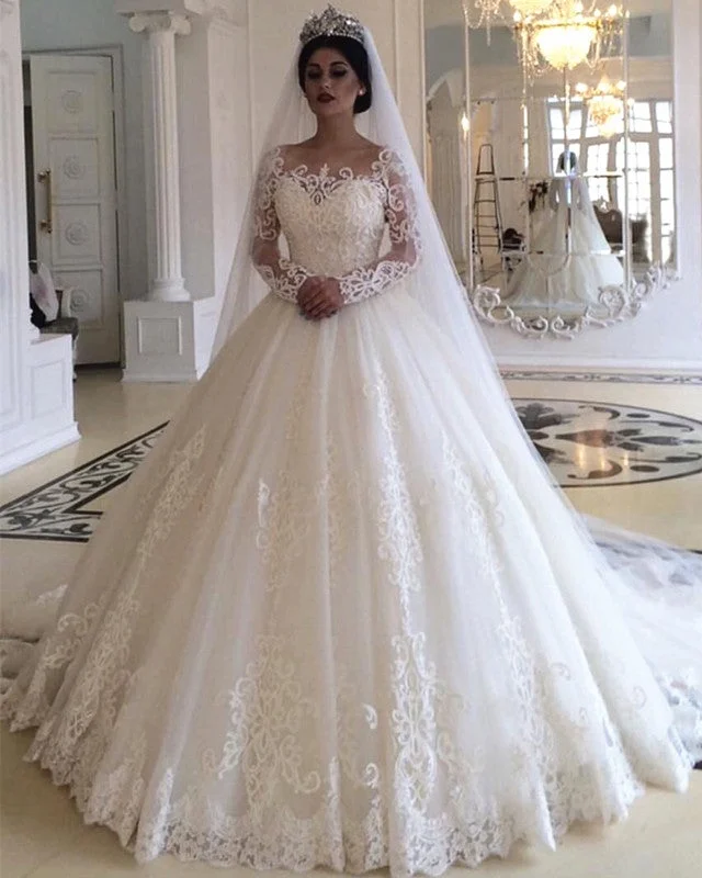 Princess Style Long Sleeves Lace Wedding Dresses Floral Wedding Gown