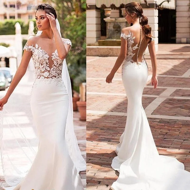 Buttoned Cap Elegance Modern Bridal Gown