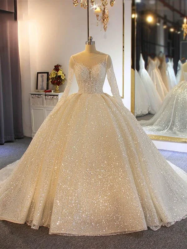 Sparkling Shinny Lone Sleeves Lace- Up Ball Gown Wedding Dresses Formal Wedding Dress