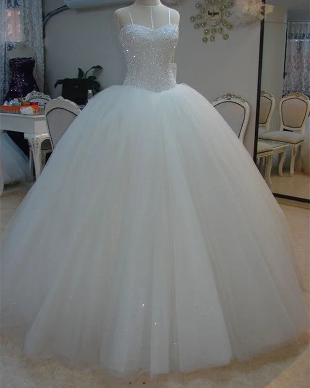 Sweetheart Corset Wedding Dresses Tulle Ball Gown Sequins Beaded Elegant Satin Dress