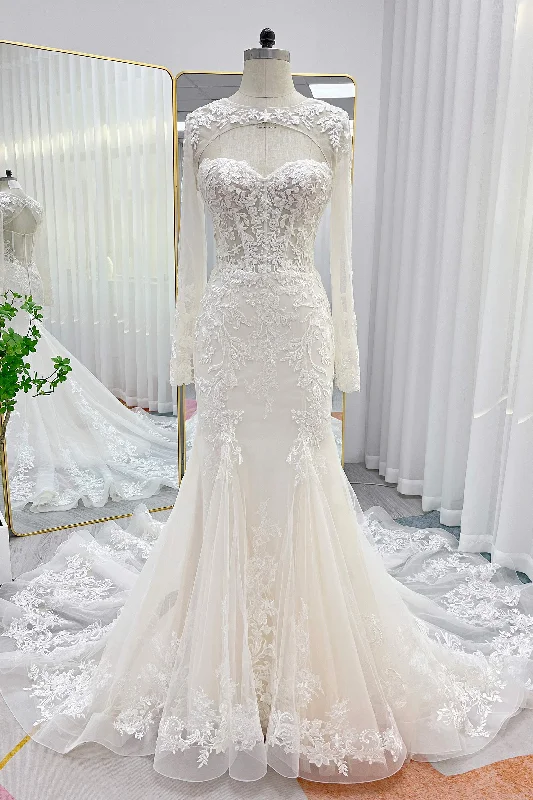 Trumpet-Mermaid Chapel Train Lace Tulle Wedding Dress CW3282 Romantic Lace Dress