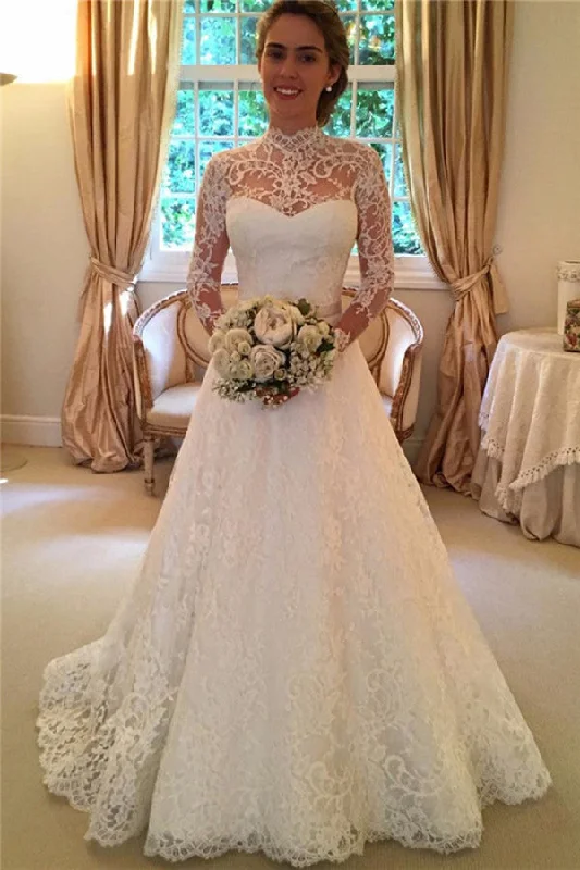 Vintage High Neck Lace Appliques Open Back Long Sleeves Wedding Dresses Off-shoulder Wedding Gown