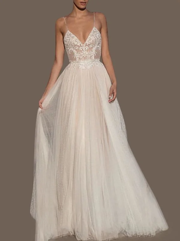 Wedding Dresses A Line V Neck Sleeveless Straps Beaded Floor Length Polka Dot Tulle Bridal Gowns Open Back Dress