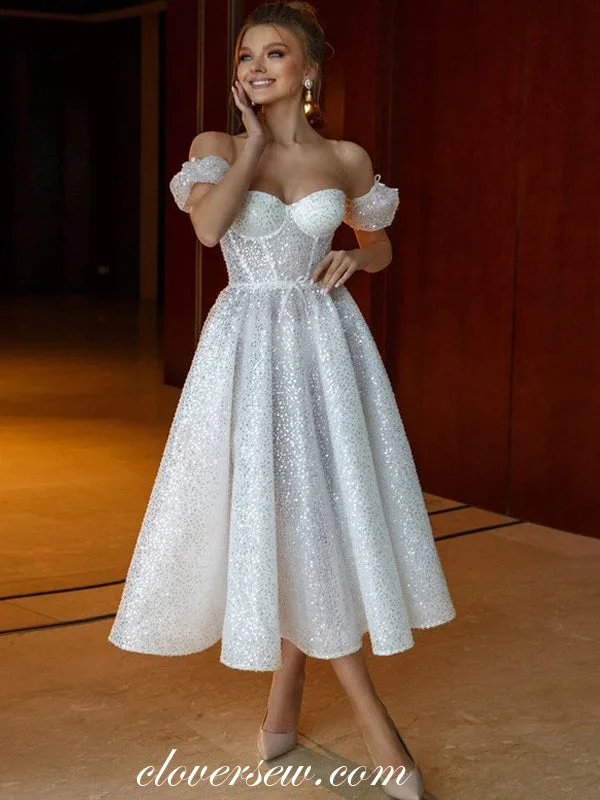 White Sequined Tulle Off The Shoulder Sweetheart Short Wedding Dresses, CW0350 Wedding Gown Set