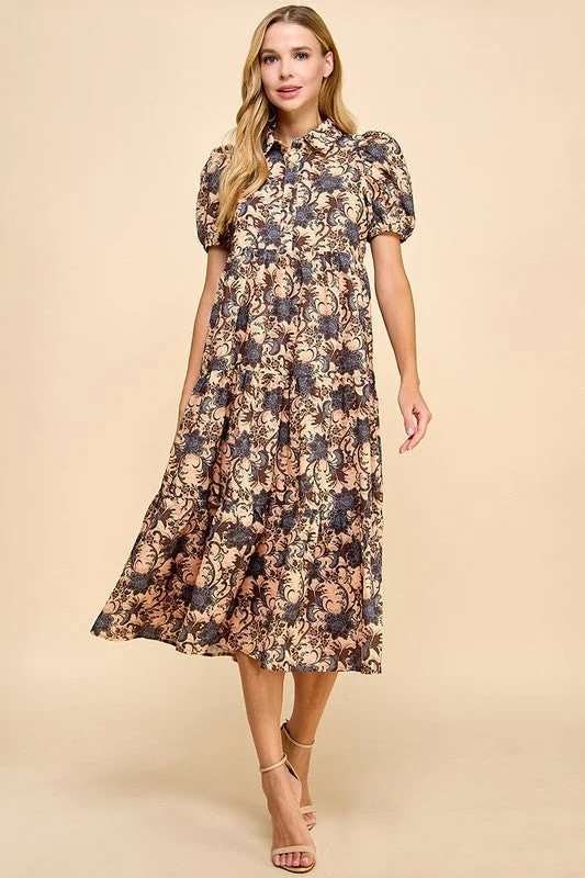 Abstract Printed Collared Midi Dress Party midi dresses