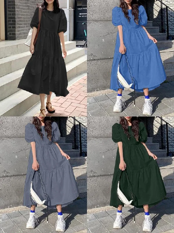 Casual Dress For Women Pure Color Pleated Women Maxi Dress Smocked maxi dresses