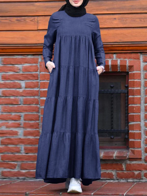 Casual Layered Pleats Denim Loose Muslim Pockets Women Maxi Dress Formal maxi dresses