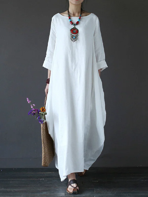 Casual Women Maxi Dress Loose Pure Color Baggy 3/4 Sleeve Elegant maxi dresses