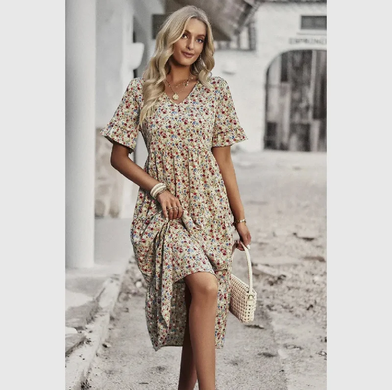 Dress - Floral Print Ruffle Sleeve MIDI, Beige Fall midi dresses