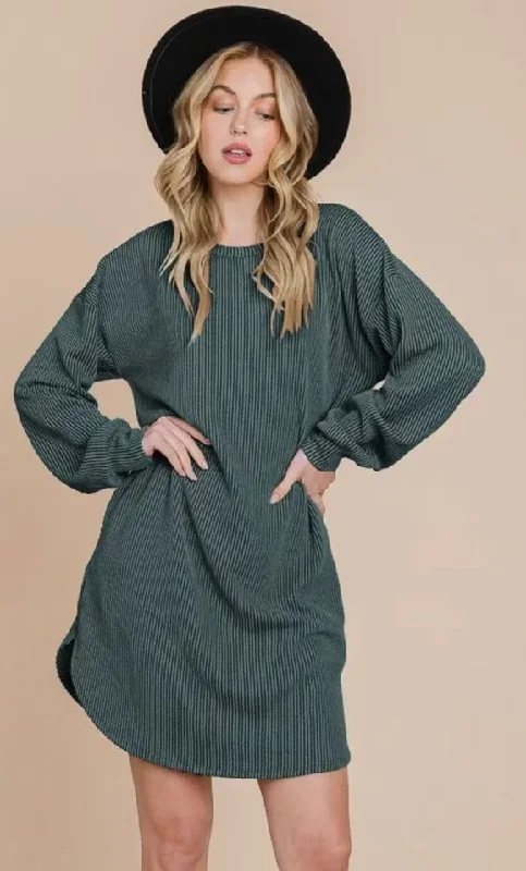 Dress - Puff Sleeve Solid MIDI With Texture, Hunter Green Bodycon midi dresses