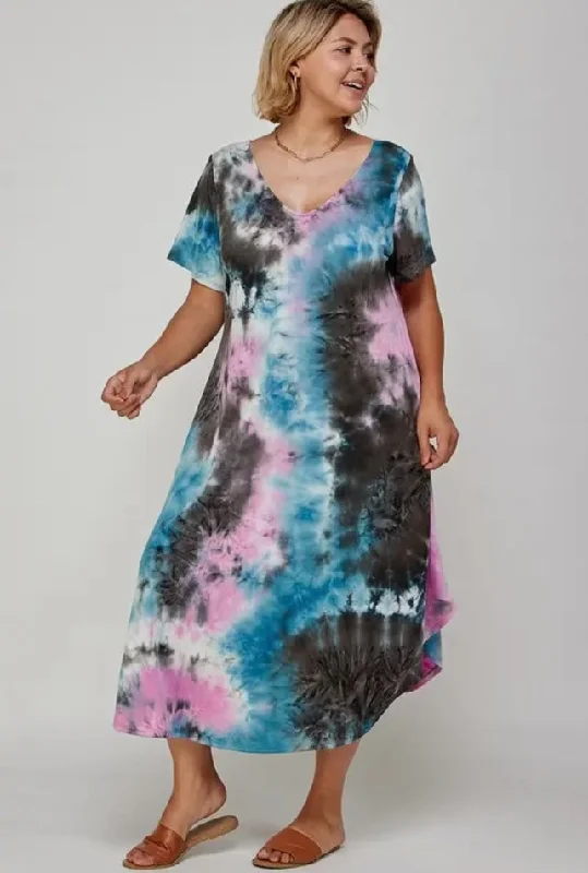 Dresses - Tie Dye V Neck MIDI, Teal/Gray/Pink, Plus Size Ruffled midi dresses