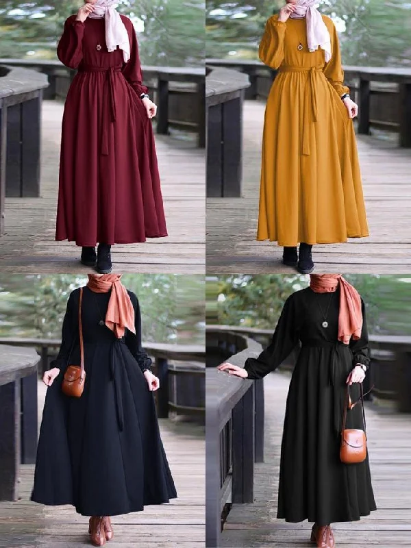 Elegant Puff Sleeve Elastic Cuff Lace-up Kaftan Tunic Muslim Women Maxi Dress A-line maxi dresses