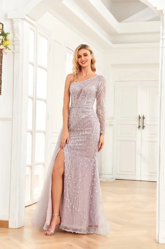 High Couture NR2266 Long One Shoulder Formal Beaded Prom Dress Women's trendy maxi dresses sale