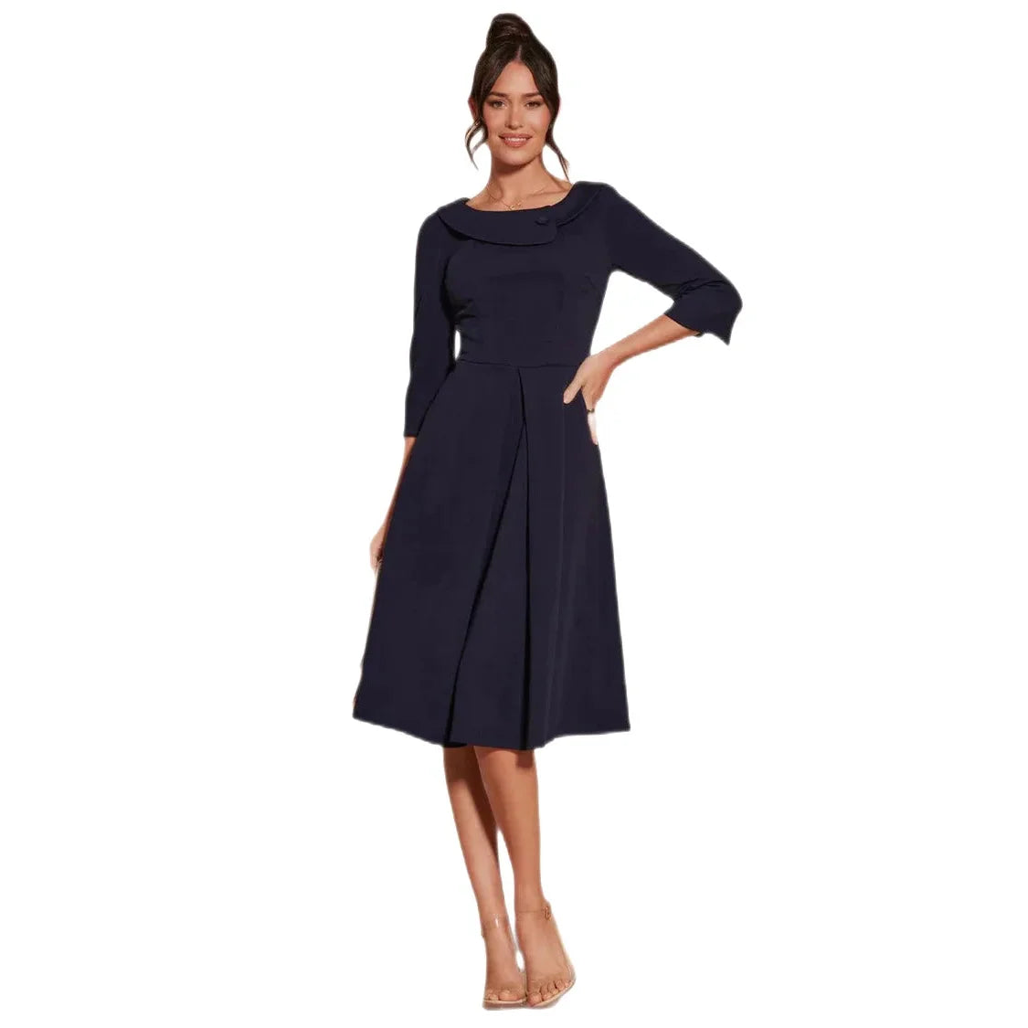 Jolie Moi Navy Fold Neck Button Detail 3/4 Sleeve Midi Dress Leather midi dresses