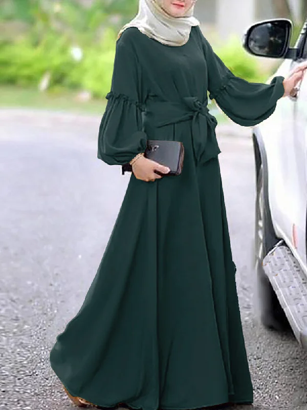 Long Sleeve Pure Color Belted O-neck Button Women Maxi Dress Trendy maxi dresses under $50