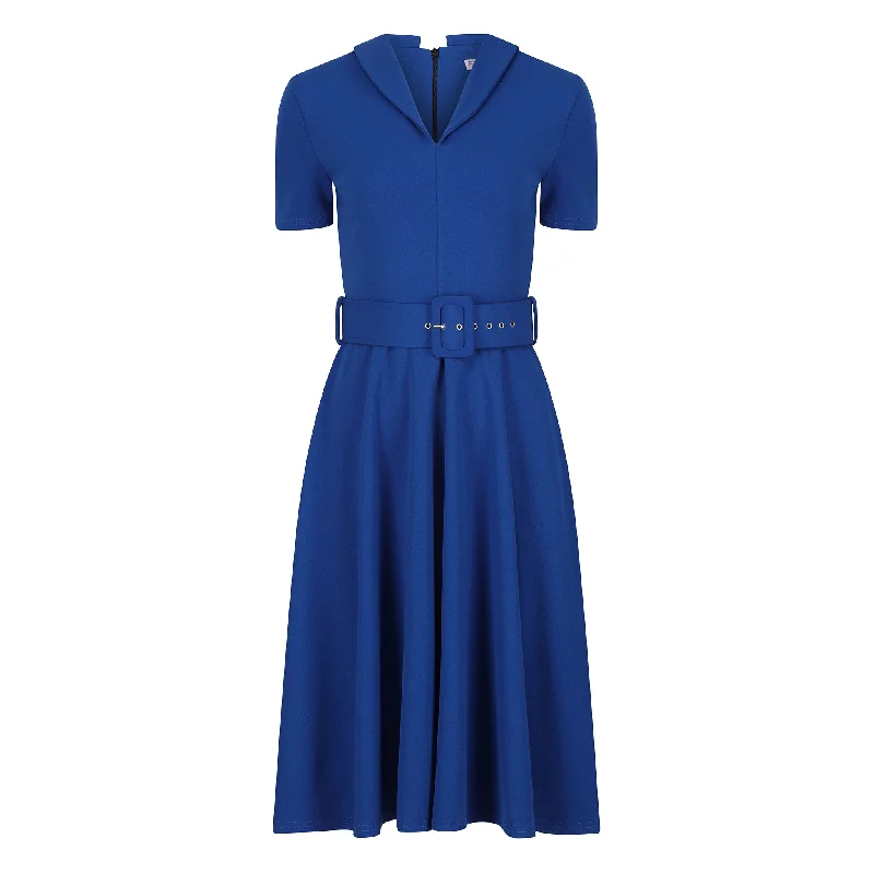 Royal Blue Belted Midi Swing Dress With Collared V Neck Festival midi dresses