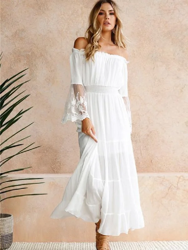 One Word Shoulder Neck Lace Stitching White Maxi Dress Best maxi dresses for hourglass body shape