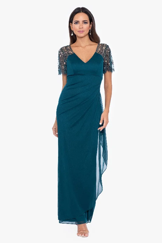 Petite "Lana" Long V-Neck Beaded Flutter Sleeve Dress A-line maxi dresses