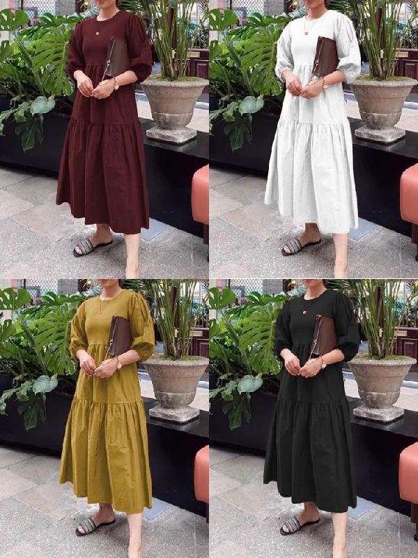 Pure Color Puff Sleeve Ruffles Hem Tiered 3/4 Sleeve Bohemian Women Maxi Dress Edgy maxi dresses