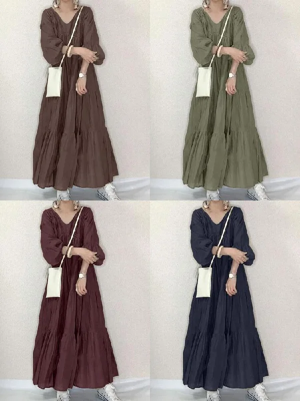 Pure Color Tiered V-neck Puff Sleeve Casual Women Maxi Dress Stretchy maxi dresses