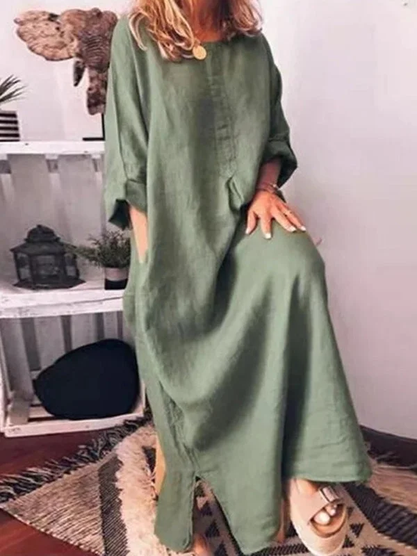 Slit Long Sleeve Cotton Linen Long Dress Best maxi dresses for formal events