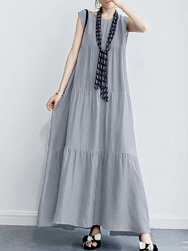 Solid Color O-neck Sleeveless Ruffles Hem Pleated Women Maxi Dress Zara maxi dresses