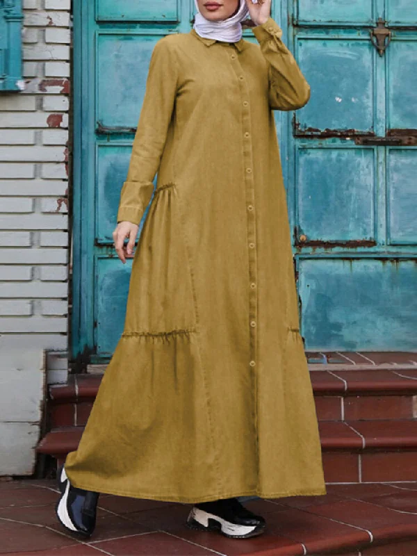 Solid Color Retro Button Up Lapel Long Sleeve Casual Muslim Abaya Kaftan Women Maxi Dress Prom maxi dresses