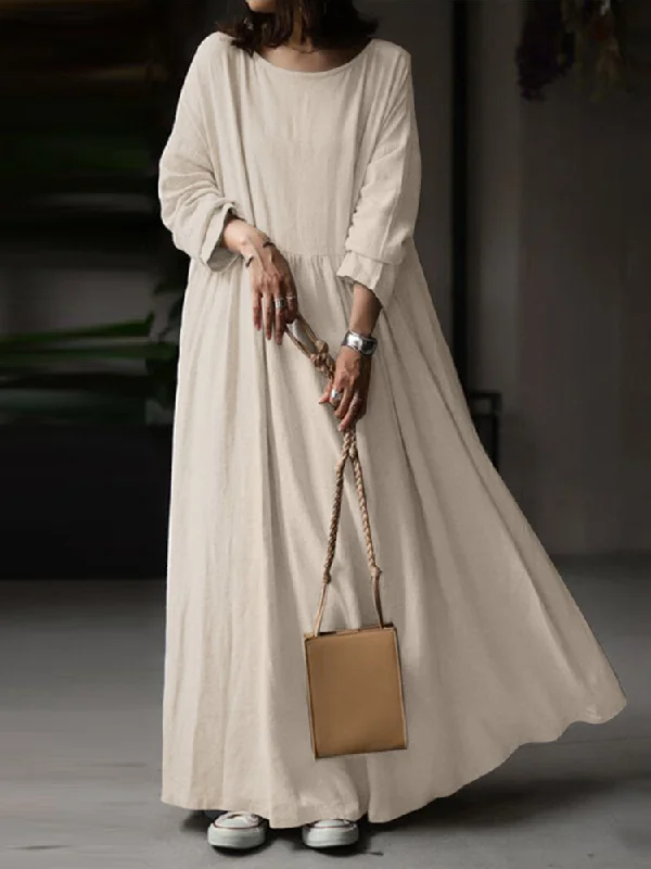 Solid Round Neck Cotton Long Sleeve Casual Pocket Women Maxi Dress Smocked maxi dresses