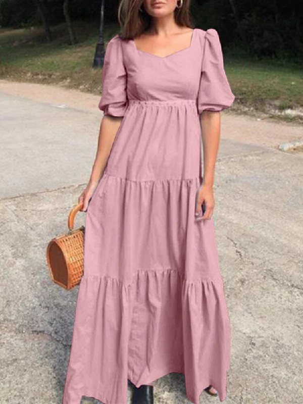 Square Neck Dress Casual Solid Women Maxi Dress Preppy maxi dresses