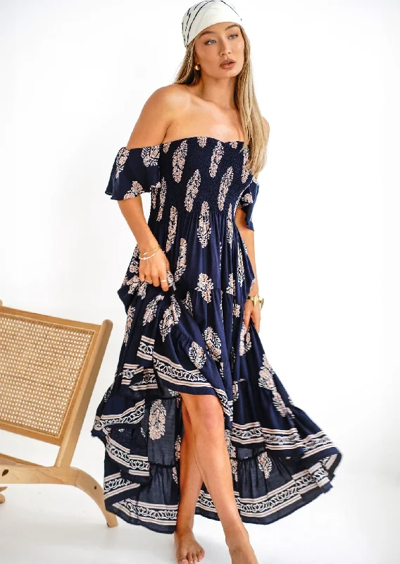 Daisy Bandeau High Low Dress in Navy Print Y2K floral dresses