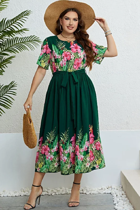 Floral Tie-Waist Round Neck Dress Boho floral dresses