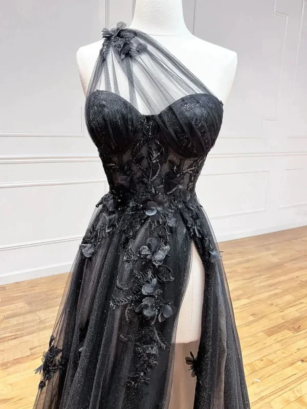 One Shoulder Black Lace Floral Long Prom Dresses, One Shoulder Black Lace Formal Evening Dresses Lace floral dresses