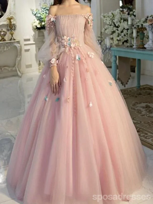 Pink A-line Off Shoulder Long Sleeves Floral Party Prom Dresses, Ball Gown Dresses,12531 Long floral dresses