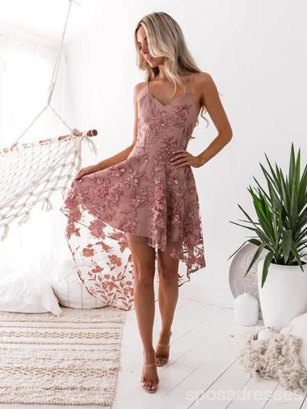 Pink Floral Spaghetti Straps Short Homecoming Dresses Online, Cheap Short Prom Dresses, CM857 Smocked floral dresses