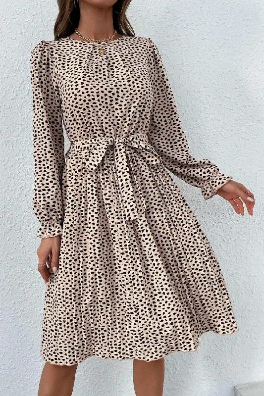 Printed Round Neck Belted Pleated Dress Midi floral dresses