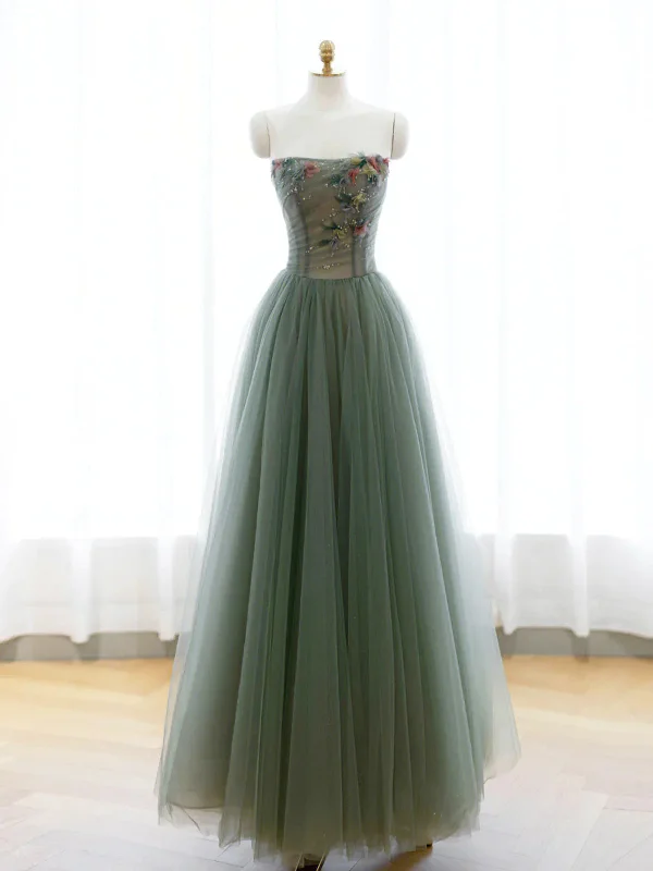 Strapless Green Tulle Floral Long Prom Dresses, Green Tulle Floral Formal Evening Dresses Best floral dresses for elegant looks