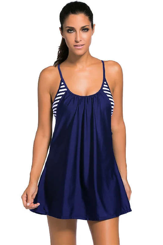 Sexy Navy Flowing Swim Dress Layered 1pc Tankini Top Tank Dress Party