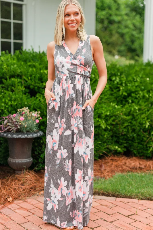 What A Lovely Life Charcoal Gray Floral Sleeveless Maxi Dress Summer Beach Maxi