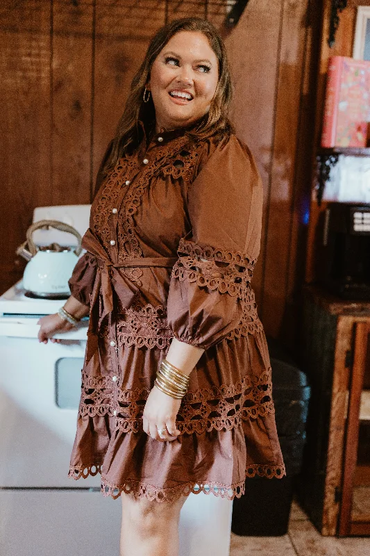 Brown Lace Detail Pearl Button Down Dress Sexy Lace Dress