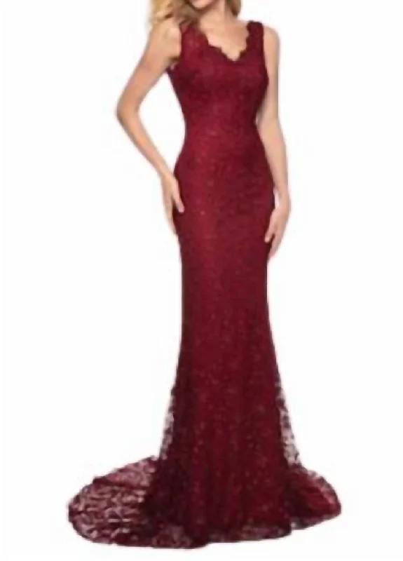 Burgundy Lace Gown Lace Dress with Belt