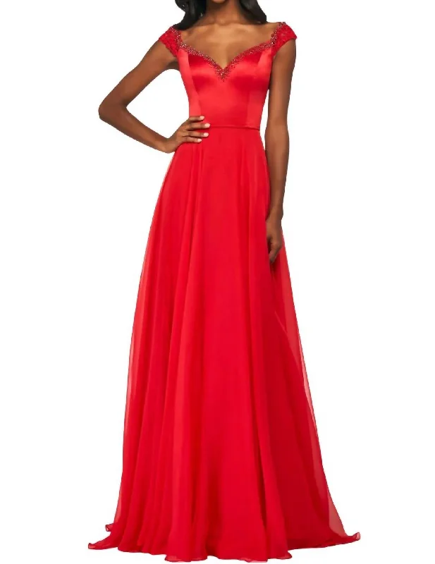 Lace Cap-Sleeves Chiffon Prom Dress In Red Lace Dress Appeal