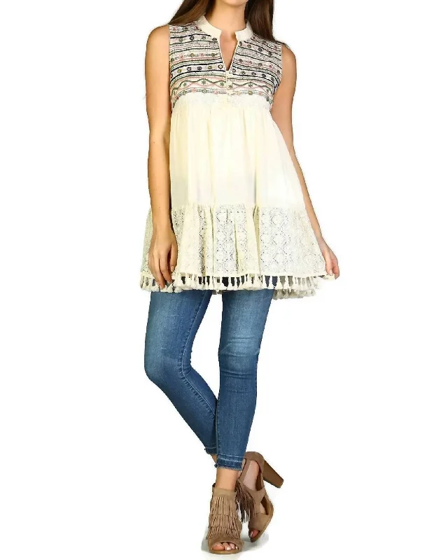 Lace & Fringe Embroidered Sleeveless Dress In Beige Casual Lace Dress