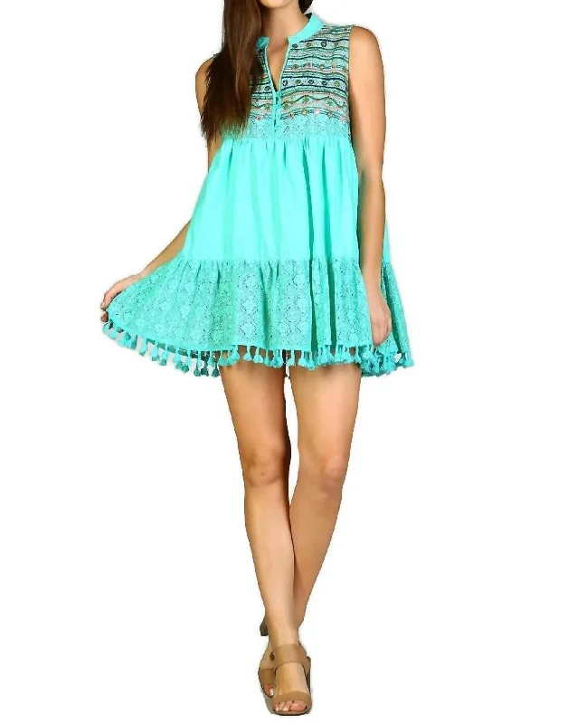 Lace & Fringe Embroidered Sleeveless Dress In Mint Boho Lace Dress