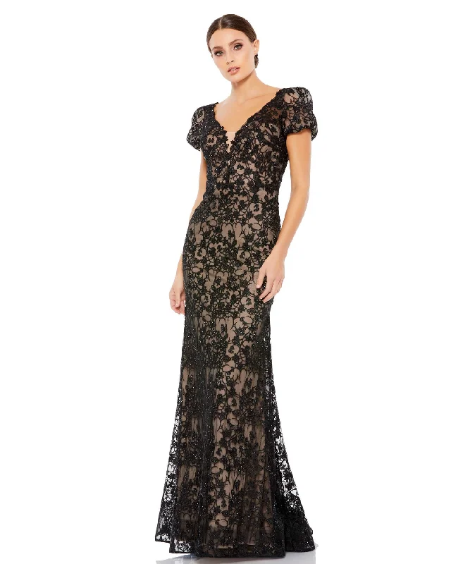 Lace Plunge Neck Short Puff Sleeve Trumpet Gown Flowy Lace Dress