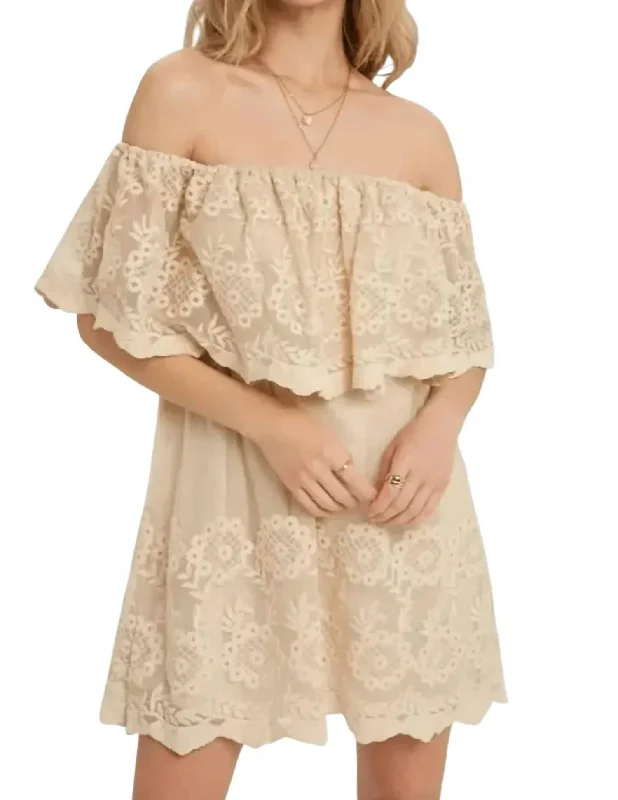 Off The Shoulder Lace Dress In Beige Lace Fit-and-Flare