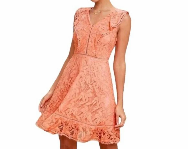 Rease Lace Ruffle Detail Fit And Flare Short Dress In Orange Elegant Lace Design