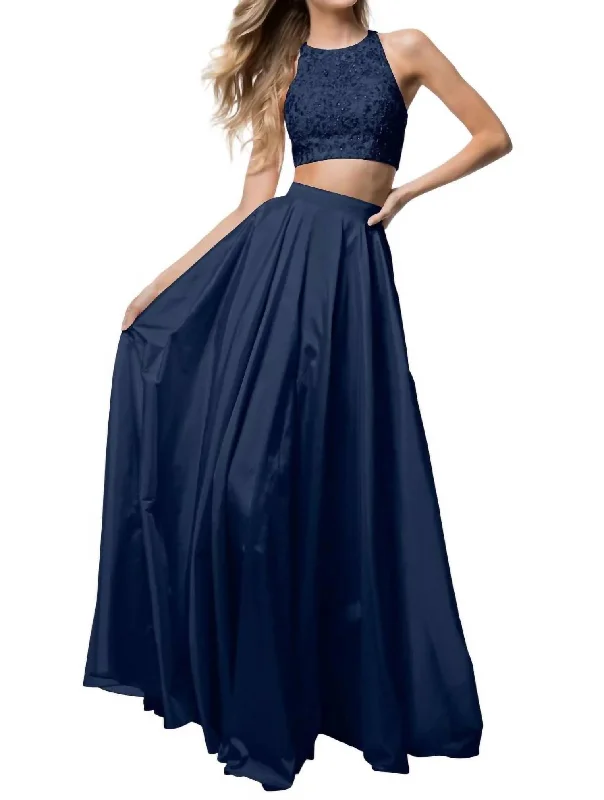 Two-Piece Lace Appliqued Prom Dress In Navy Lace Dress Modern