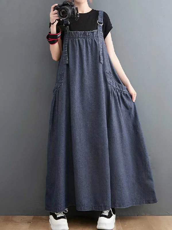 Plain Denim Salopette Overall A-Line Dress Wide Leg Denim Skirt