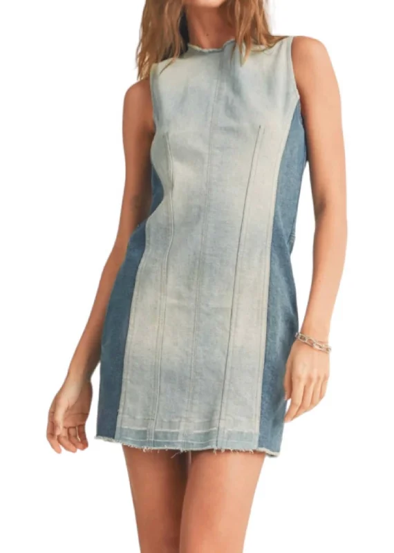 Blocked Denim Dress In Light And Dark Wash Denim Raw Hem Denim