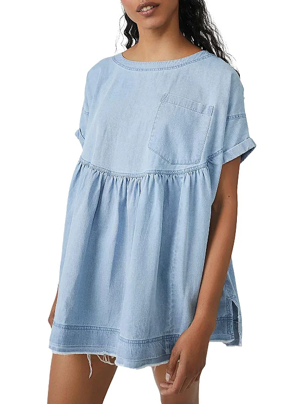 Moon City Womens Frayed Hem Denim Babydoll Dress Button Detail Denim